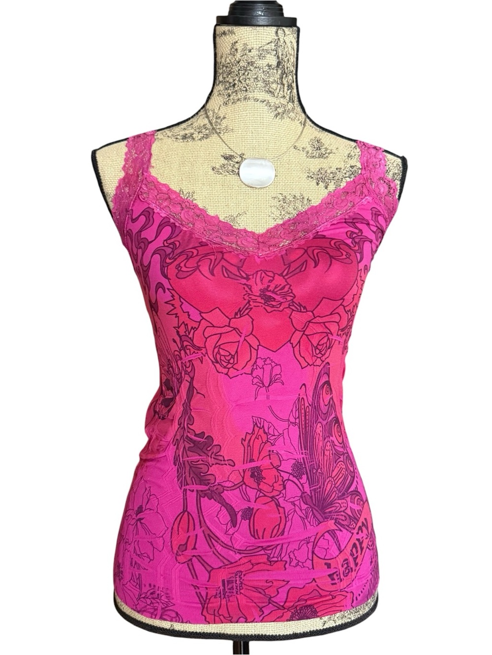 Y2K Pink Lace-Trim Floral Print Cami Tank Top Size S